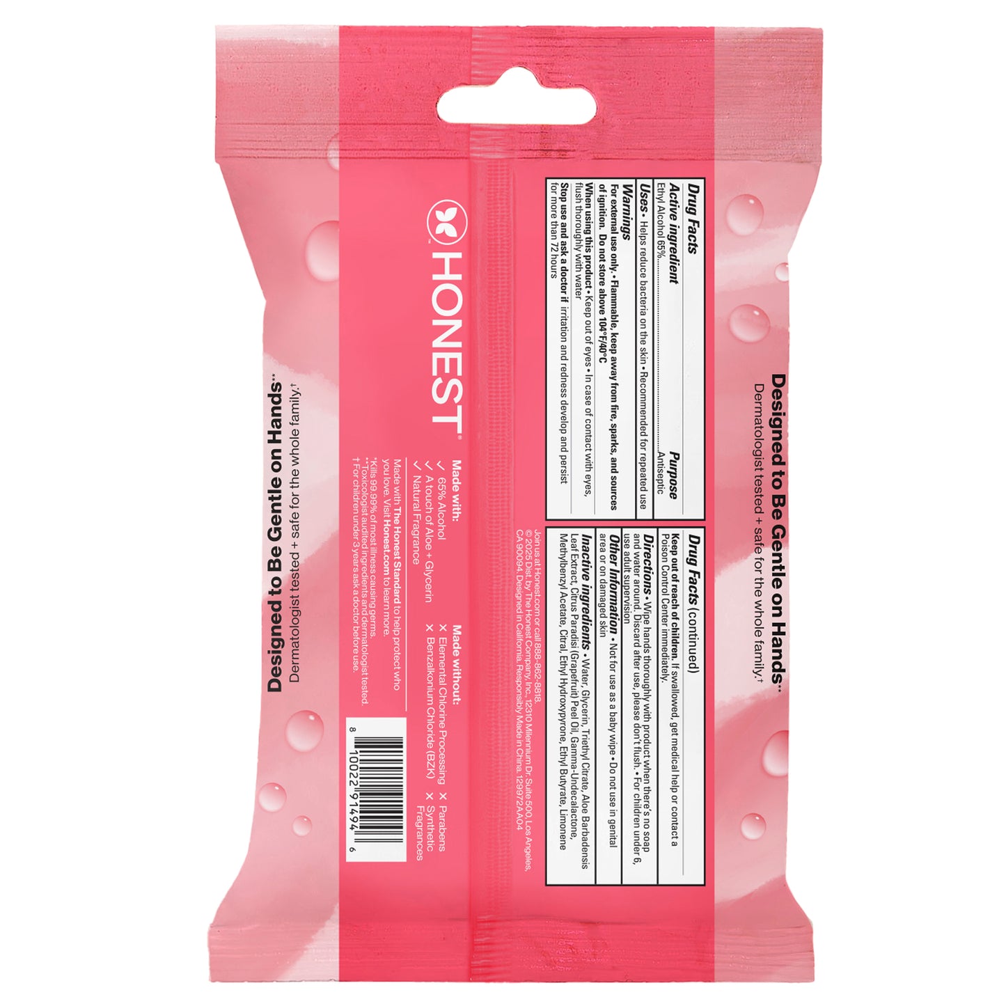 The back of a pink Honest brand wet wipe pack, showing the product information panel, barcode, and text 'Designed to Be Gently on Hands'.