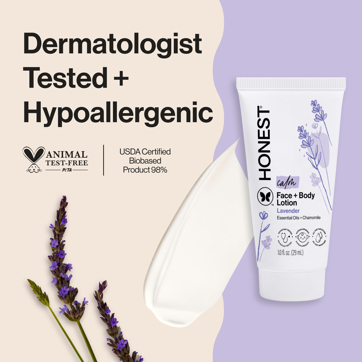 Honest Company lotion tube with lavender flowers on a light purple and beige background