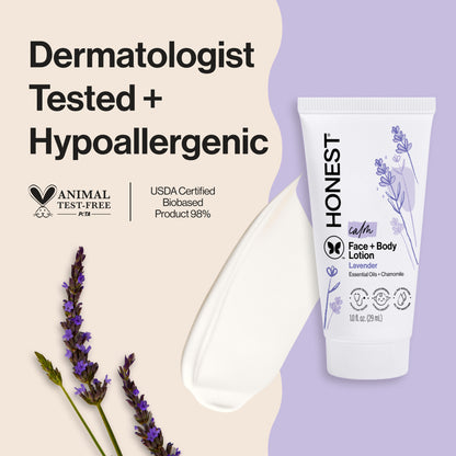 Honest Company lotion tube with lavender flowers on a light purple and beige background