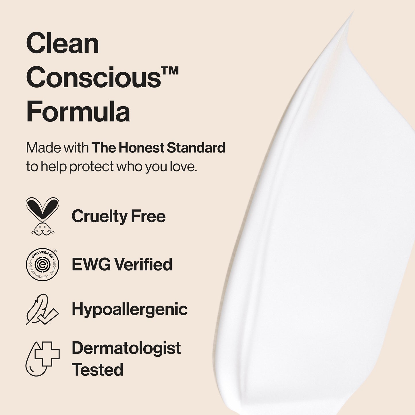 Product packaging with 'Clean Conscious™ Formula' text and certification icons on a beige background.