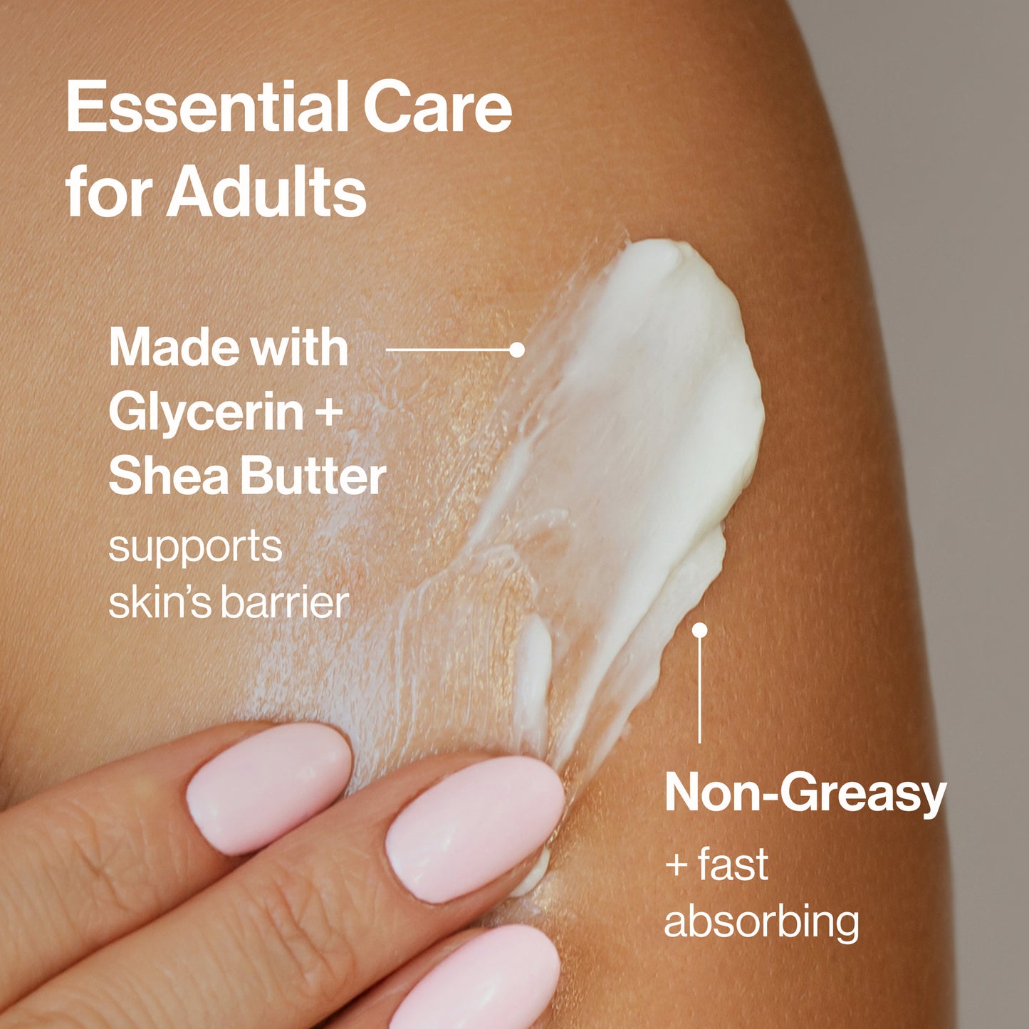Cream being applied to skin with text about its ingredients and benefits