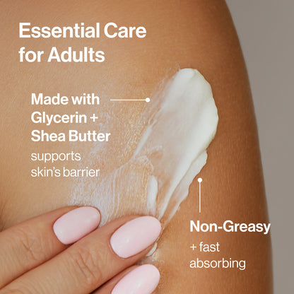 Cream being applied to skin with text about its ingredients and benefits