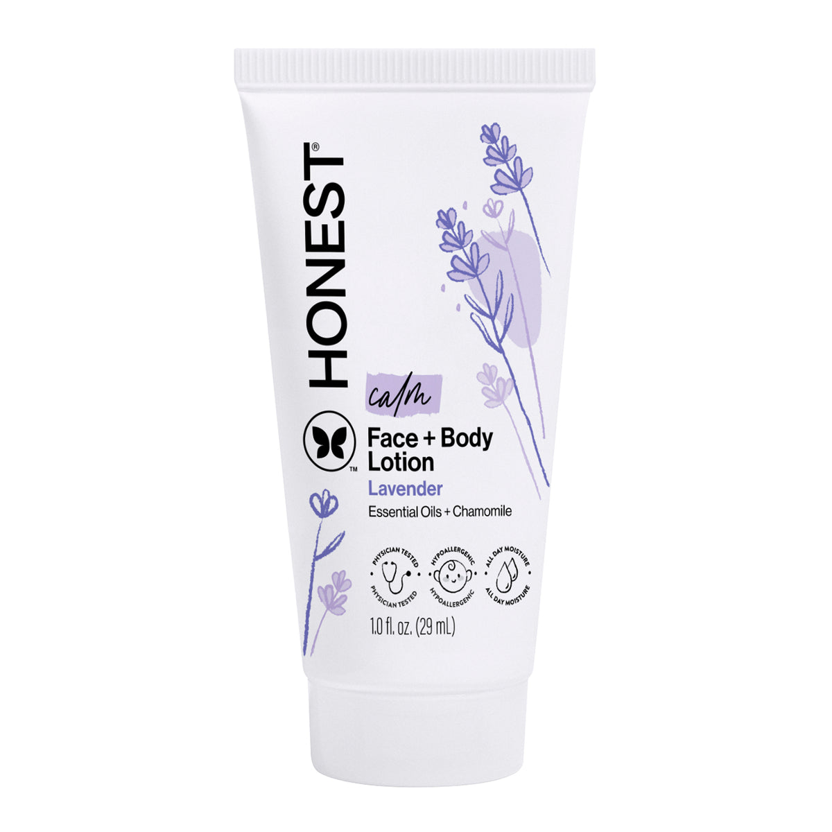 Honest brand face and body lotion tube with lavender design on a white background