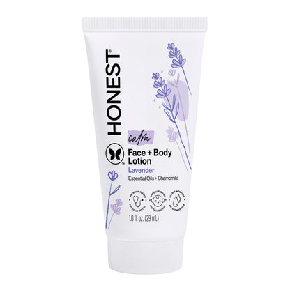 Honest brand face and body lotion tube with lavender design on a white background