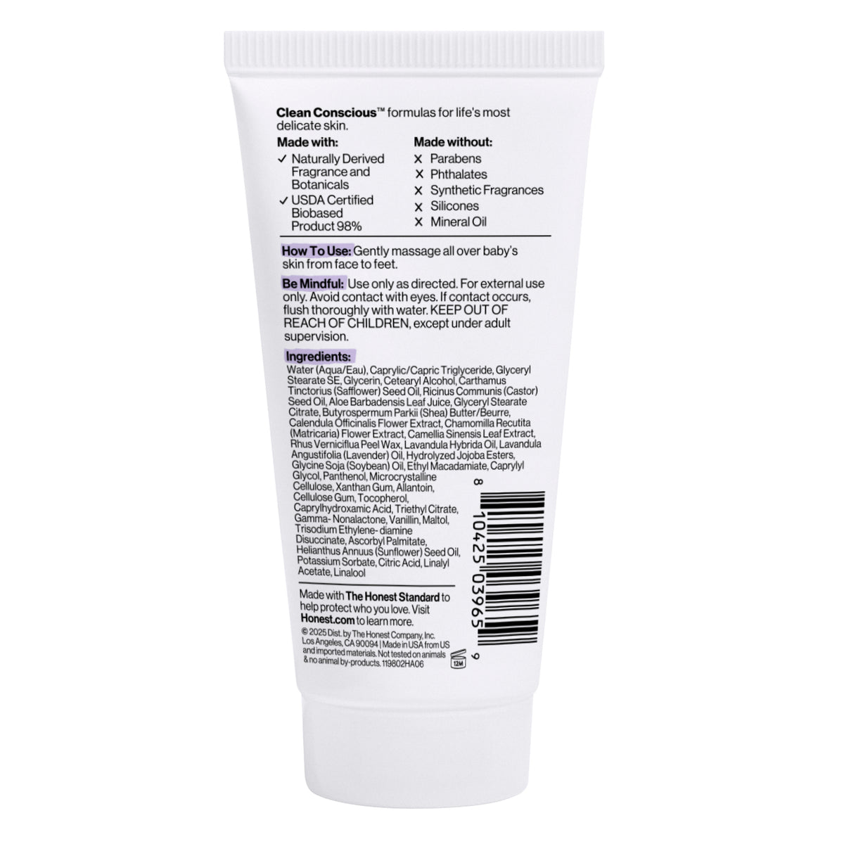 The back of a white tube of baby lotion, showing printed text with product details, ingredients, and a barcode on a plain white background.