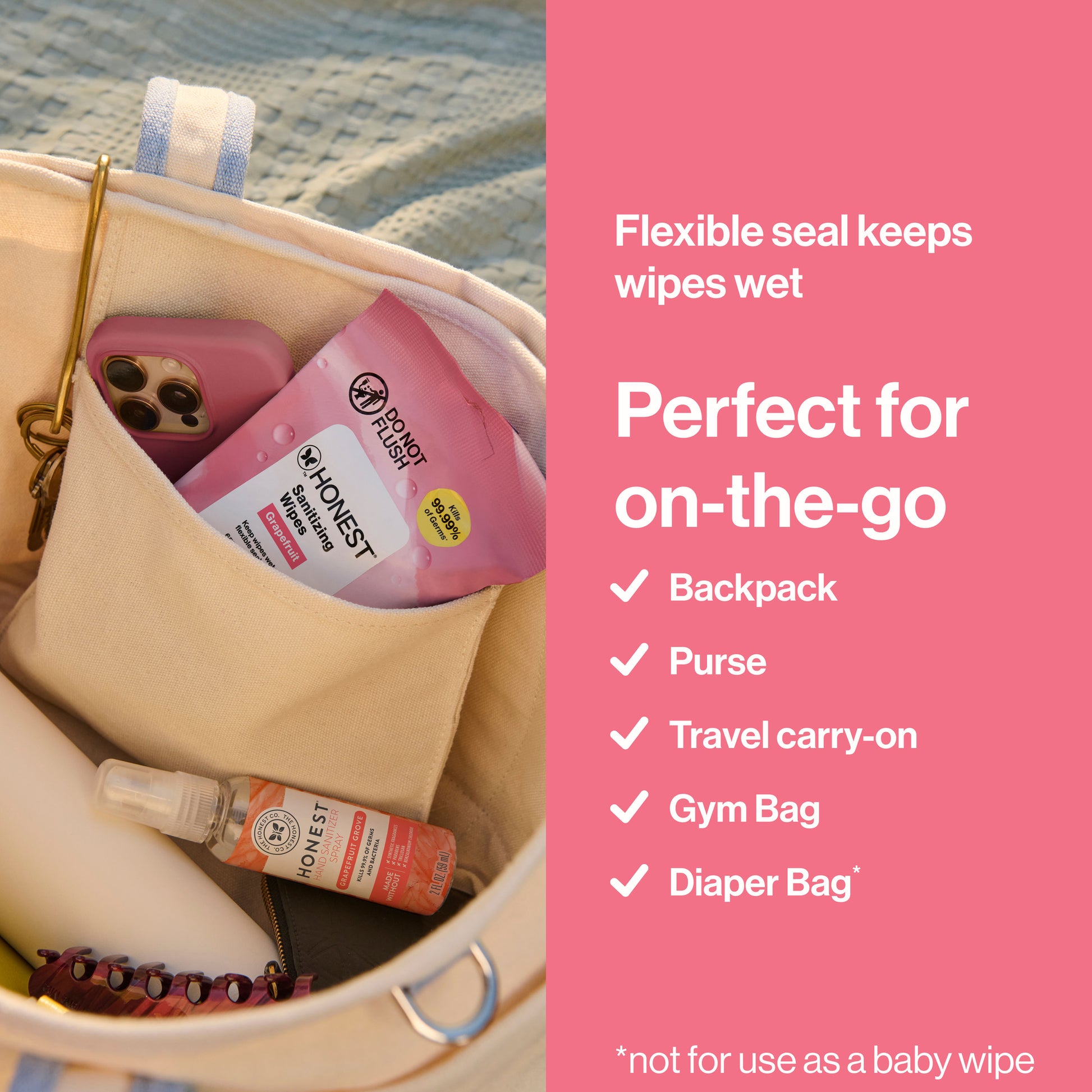 A beige tote bag shown open with a pink pouch inside, alongside a bottle and other items, on a blue textured blanket. A pink text panel on the right reads 'Flexible seal keeps wipes wet' and 'Perfect for on-the-go' with checkmarks for backpack, purse, travel carry-on, gym bag, and diaper bag.