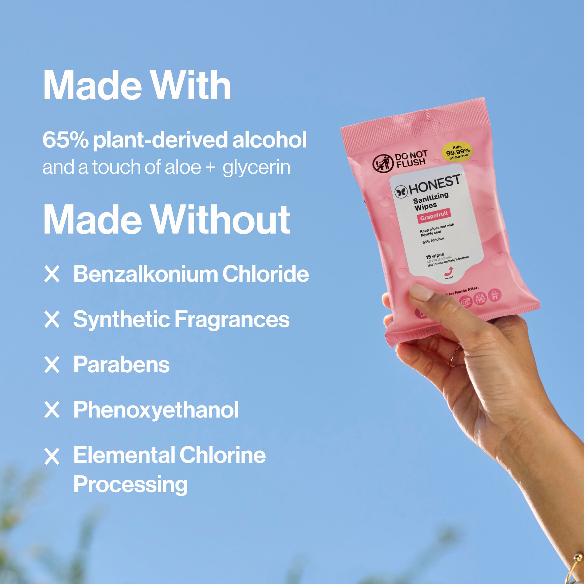 A hand holds a pink packet of Honest Aesthetics Sensing Wipes against a blue sky background, with white text on the left detailing ingredients and exclusions.