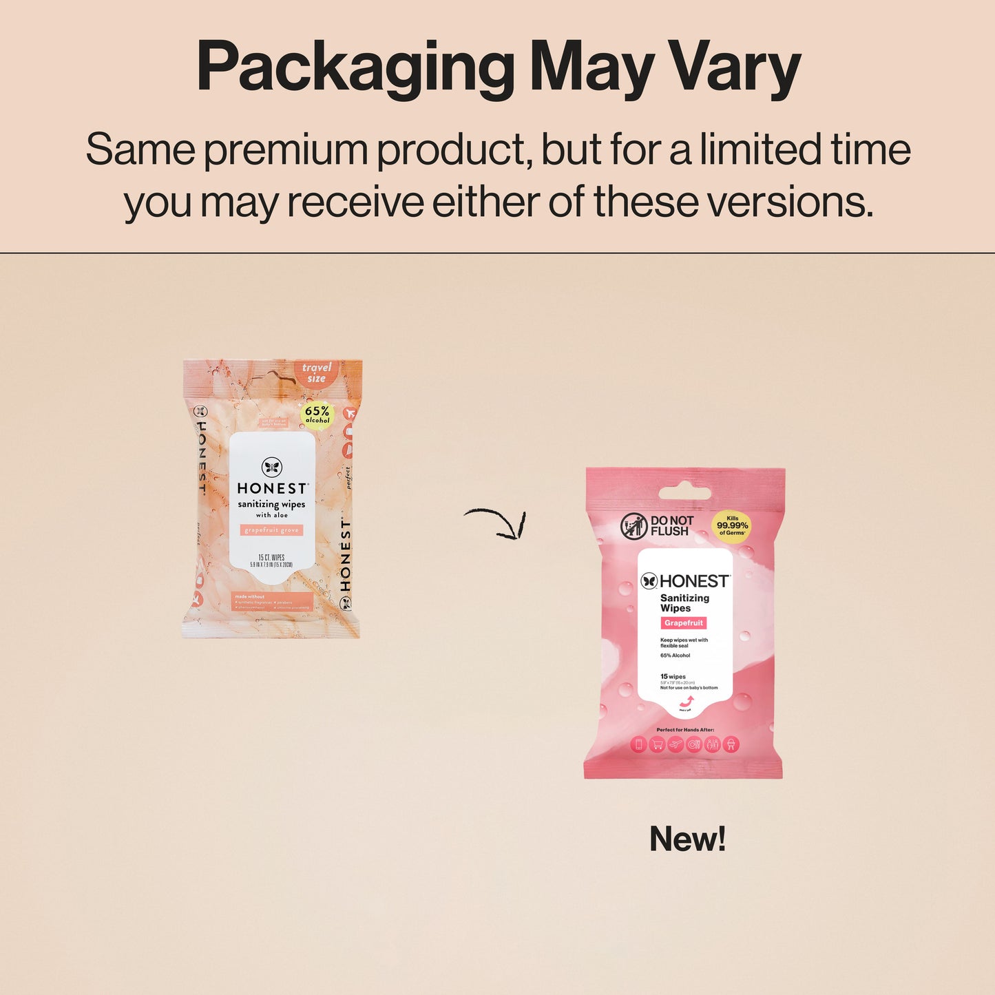 Promotional graphic on a beige background stating 'Packaging May Vary' and showing two versions of the same Honest smoothing wipes packet: a peach/orange version labeled 'for sensitive skin' and a pink version labeled 'for dry, irritated skin,' with the pink version marked 'New!'.