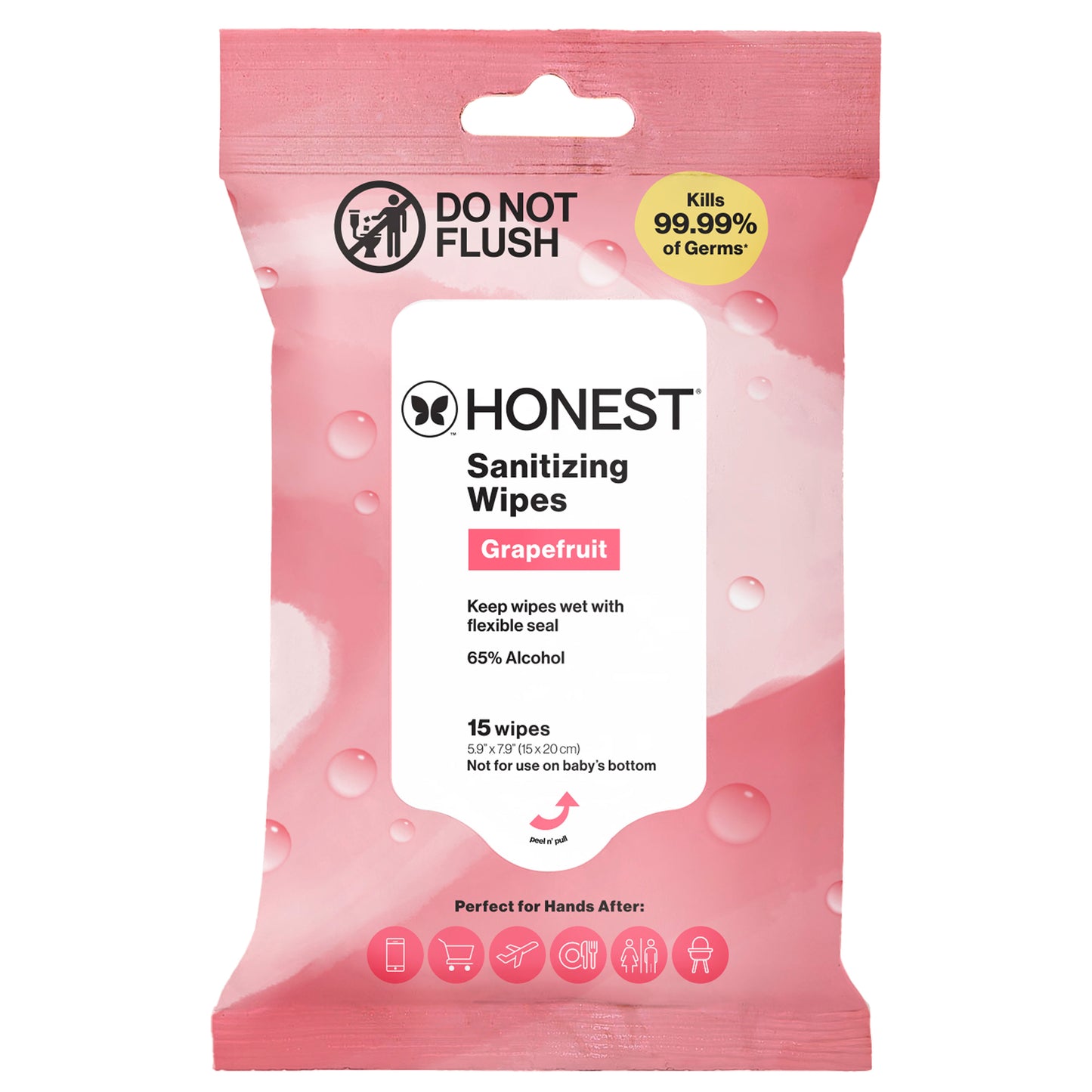 A package of Honest Sanitizing Wipes in Grapefruit scent, featuring a pink resealable pouch with a white central label and a yellow 'Kills 99.99% of Germs' badge.