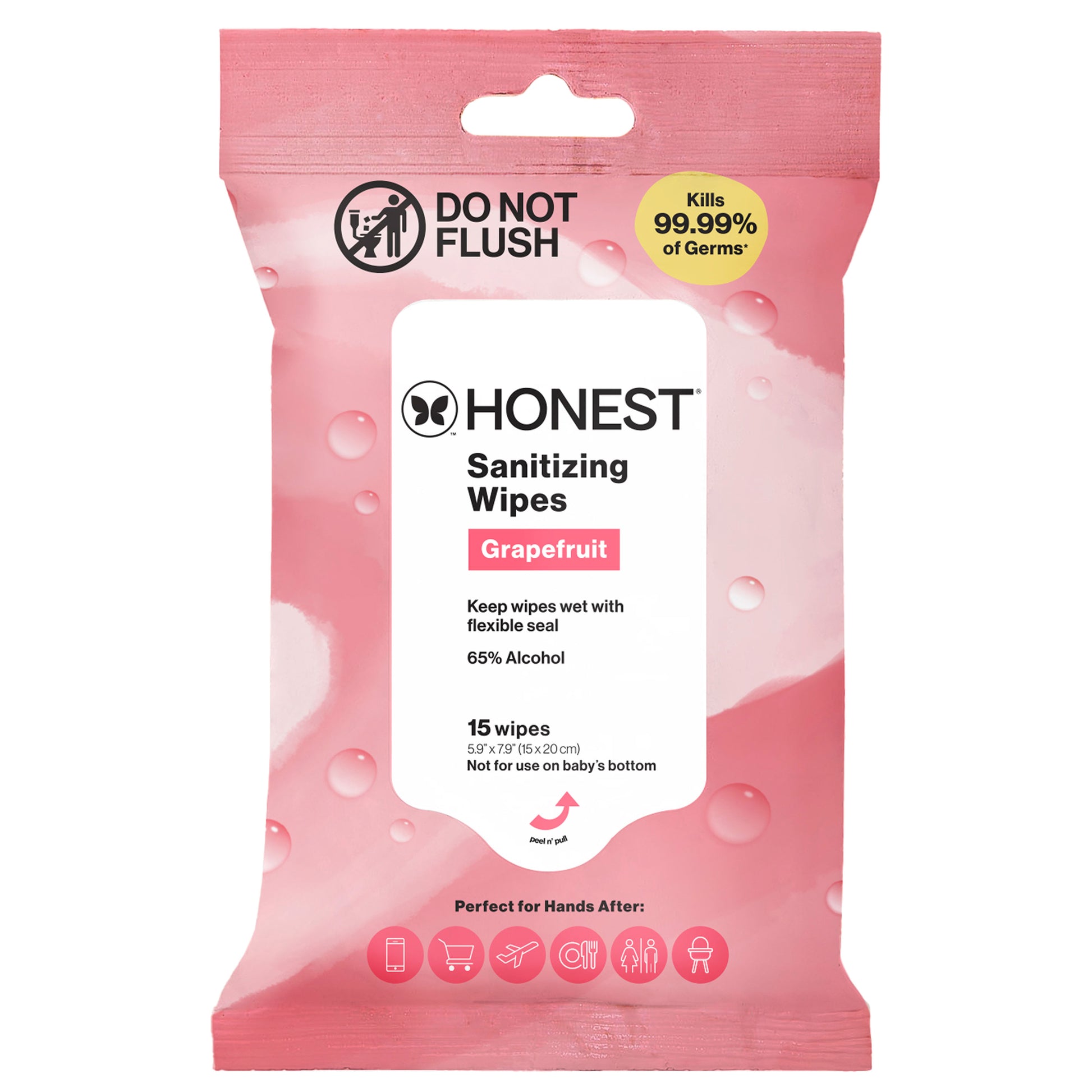 A package of Honest Sanitizing Wipes in Grapefruit scent, featuring a pink resealable pouch with a white central label and a yellow 'Kills 99.99% of Germs' badge.