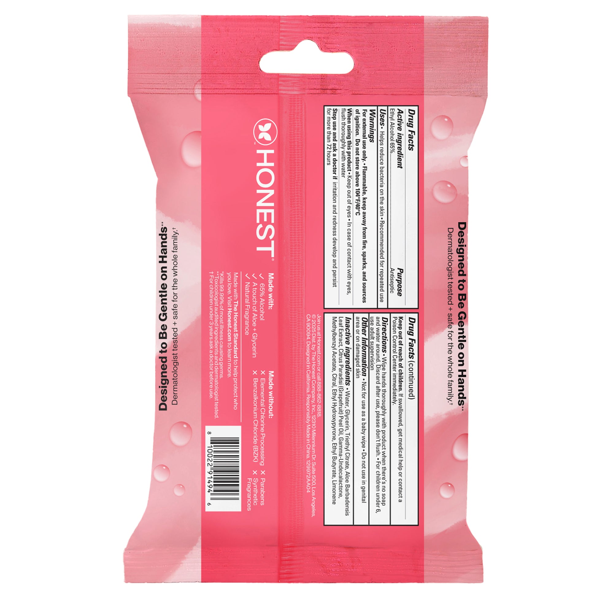 The back of a pink Honest brand wet wipe pack, showing the product information panel, barcode, and text 'Designed to Be Gently on Hands'.