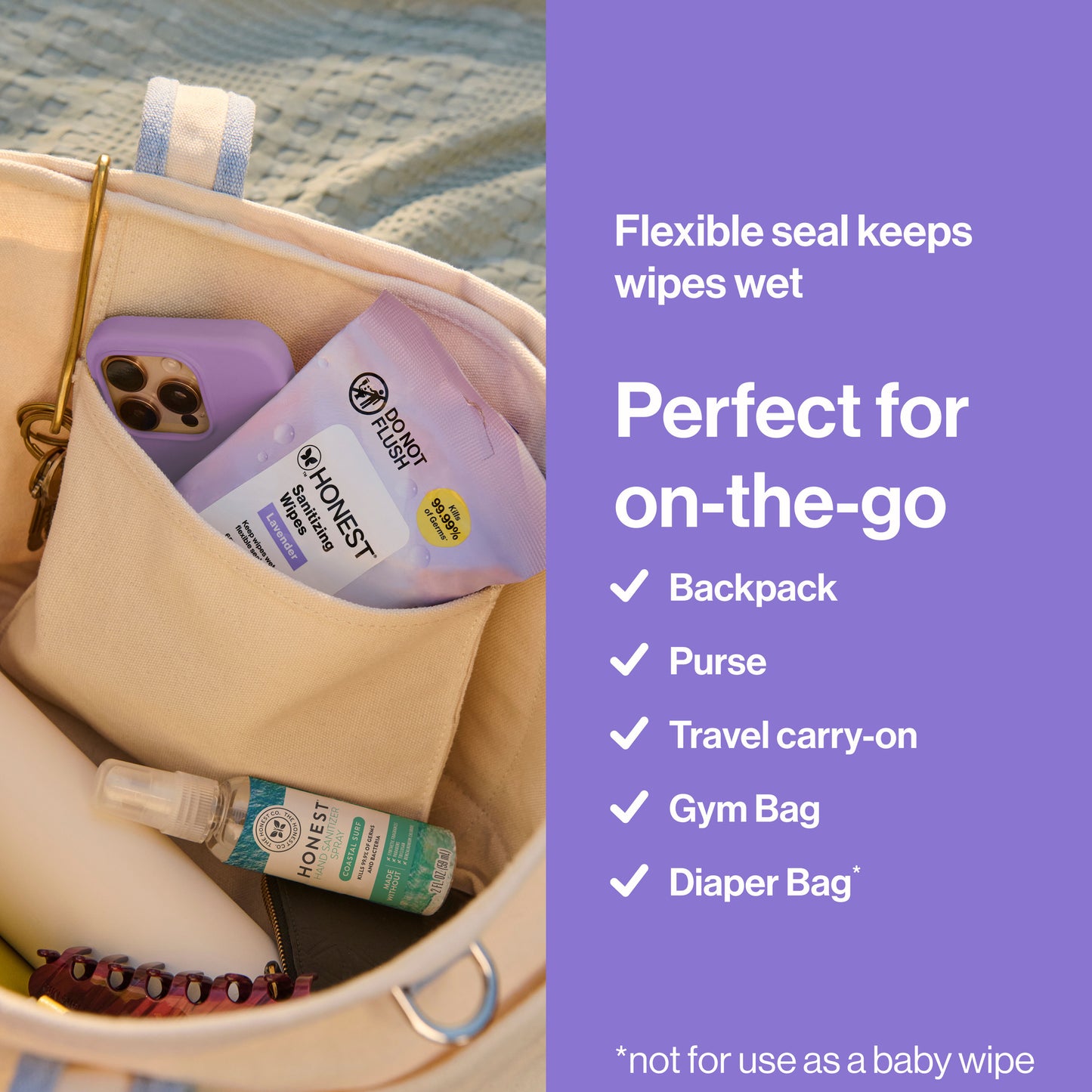 A beige canvas diaper bag shown open with various items inside, next to a purple text panel that reads 'Flexible seal keeps wipes wet' and 'Perfect for on-the-go' with checkmarks for backpack, purse, travel carry-on, gym bag, and diaper bag.