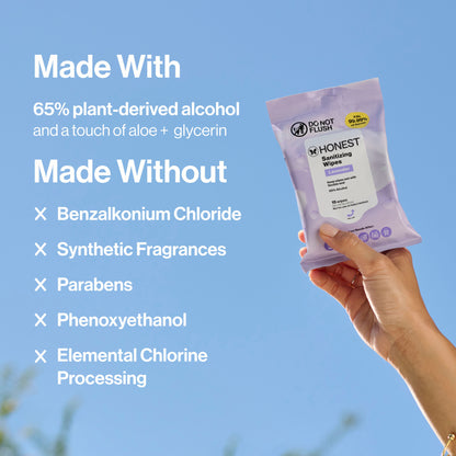 A hand holds a packet of Honest Sanitizing Wipes against a bright blue sky background, with text on the left detailing ingredients and exclusions.