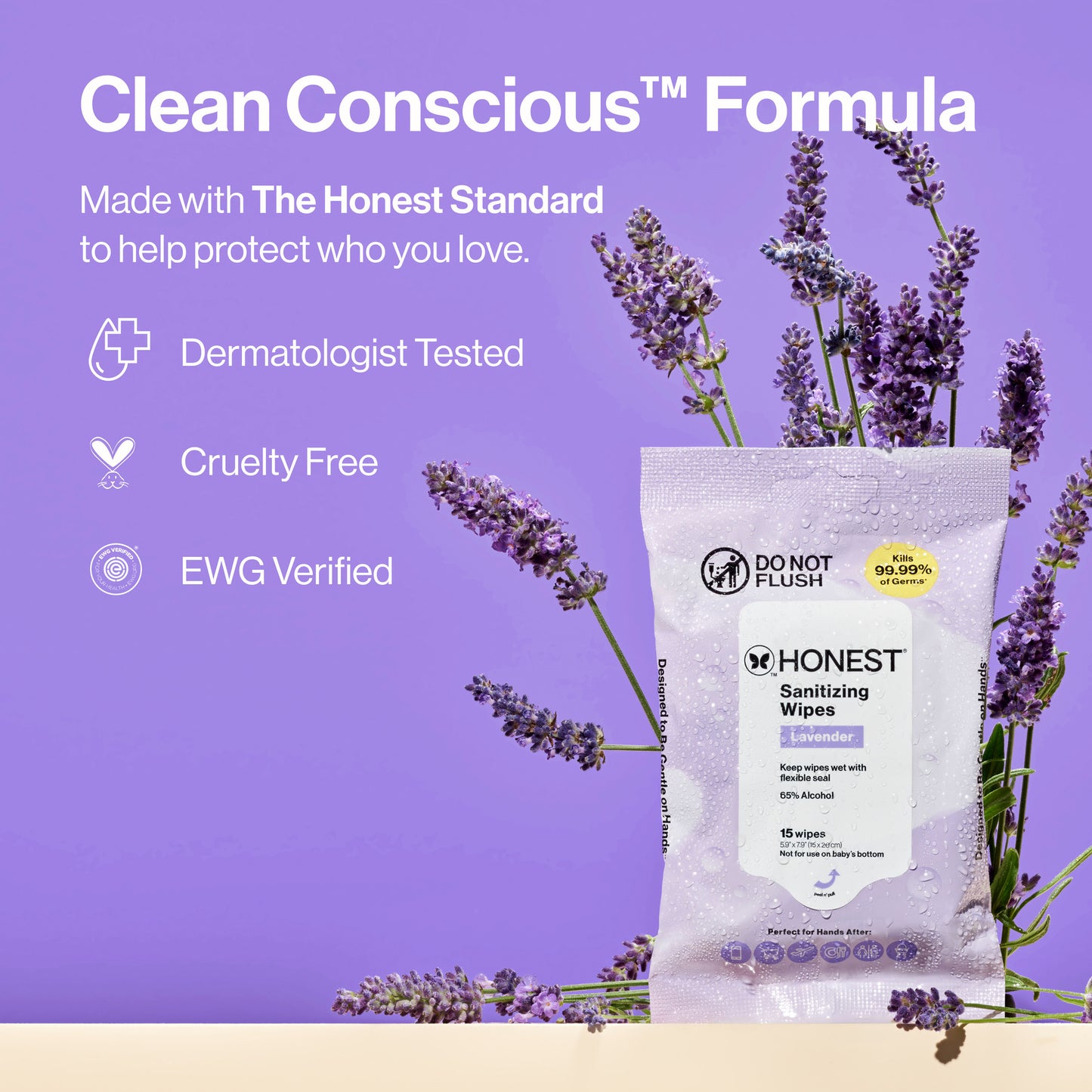A package of Honest Sanitizing Wipes stands on a lavender-colored background with decorative lavender sprigs. The package is white with a clear window showing the wipes inside, and the graphic includes marketing text such as 'Clean Conscious Formula,' 'Dermatologist Tested,' 'Cruelty Free,' and 'EWG Verified.