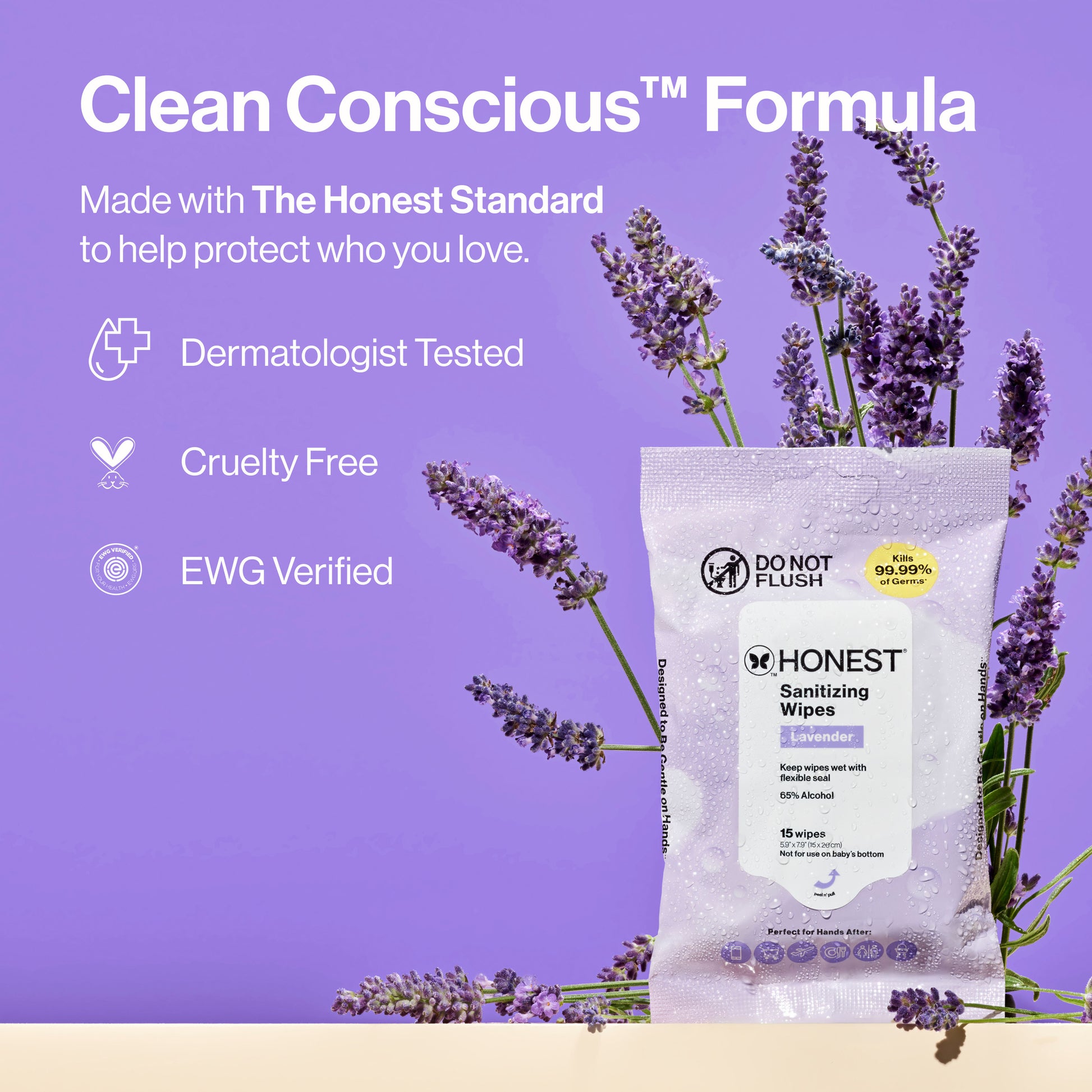 A package of Honest Sanitizing Wipes stands on a lavender-colored background with decorative lavender sprigs. The package is white with a clear window showing the wipes inside, and the graphic includes marketing text such as 'Clean Conscious Formula,' 'Dermatologist Tested,' 'Cruelty Free,' and 'EWG Verified.