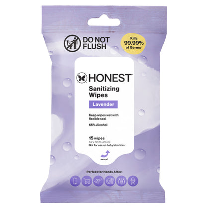 Pack of Honest Company sanitizing wipes with lavender scent on a white background