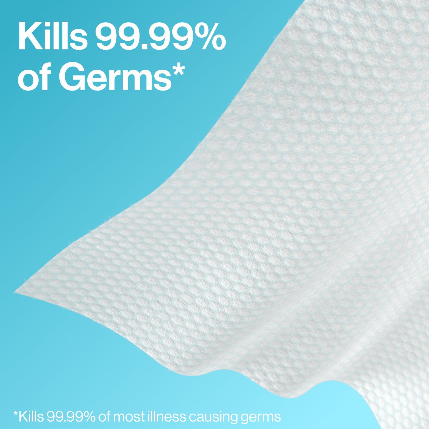A close-up of a white textured sheet or towel with a wavy fold, shown against a bright blue background with promotional text stating it kills 99.99% of germs.