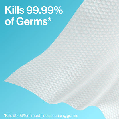 A close-up of a white textured sheet or towel with a wavy fold, shown against a bright blue background with promotional text stating it kills 99.99% of germs.