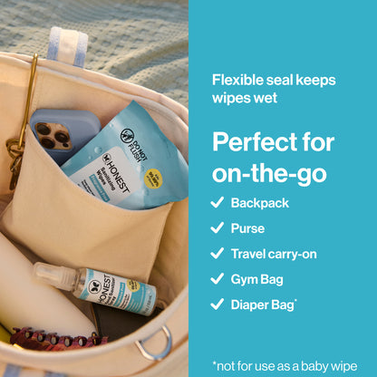 A beige drawstring bag shown open with a blue Honest brand wipes packet and a small spray bottle inside, alongside marketing text on a bright blue panel that says the flexible seal keeps wipes wet and it is perfect for on-the-go use in backpacks, purses, travel carry-ons, gym bags, and diaper bags.