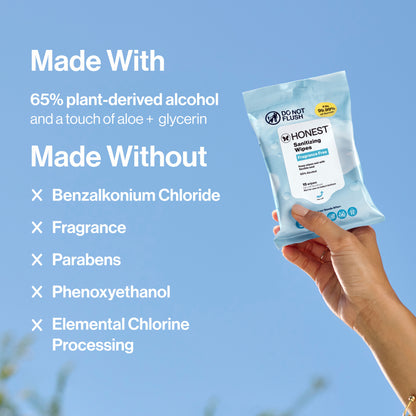 A hand holds a package of R&D Flush Honest Sanitized Wipes against a bright blue sky background, with text on the left detailing ingredients and exclusions.