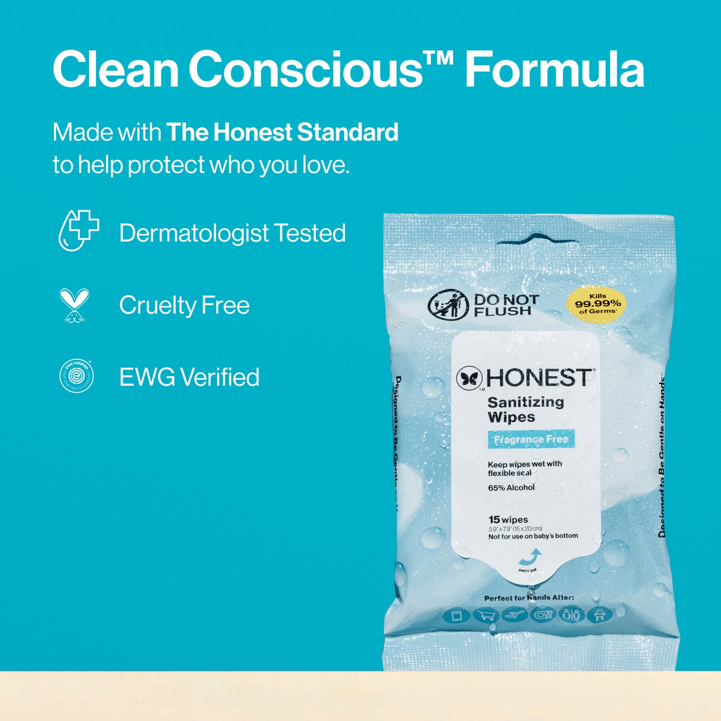 A package of Honest Sanitizing Wipes shown on a bright teal promotional background with marketing text reading 'Clean Conscious Formula' and feature callouts like Dermatologist Tested, Cruelty Free, and EWG Verified.