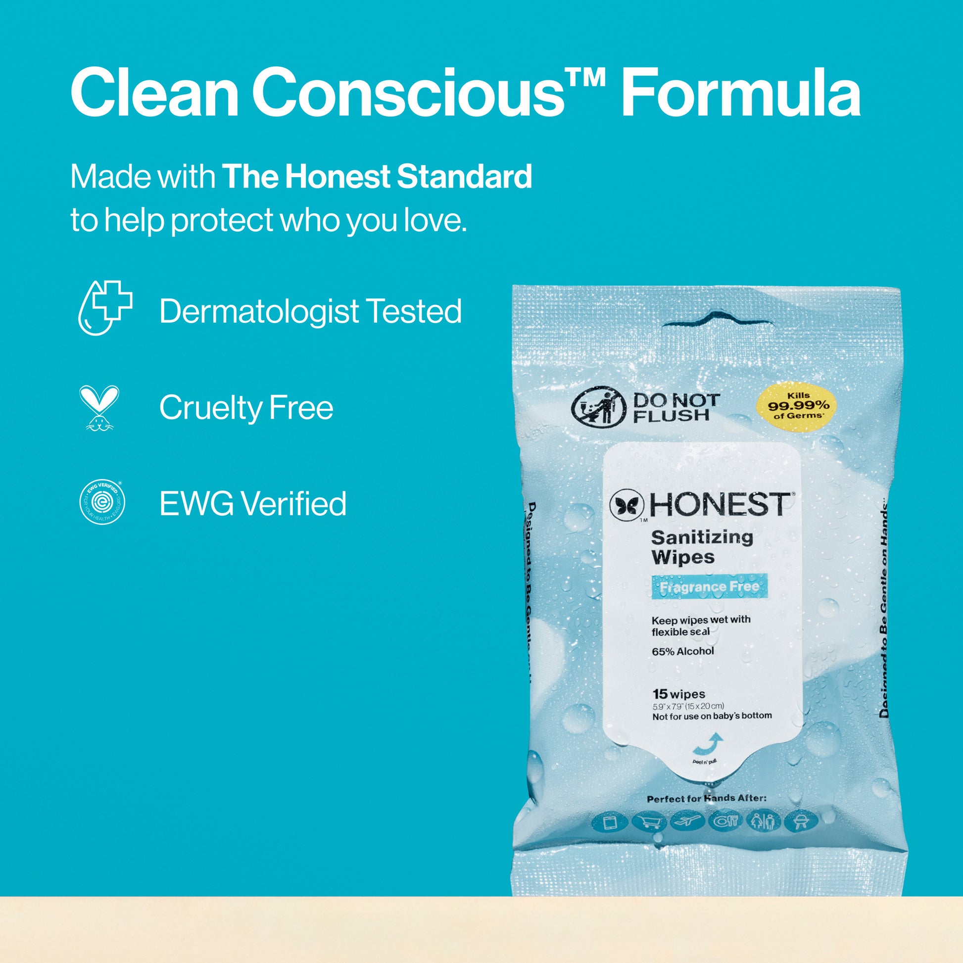 A package of Honest Sanitizing Wipes shown on a bright teal promotional background with marketing text reading 'Clean Conscious Formula' and feature callouts like Dermatologist Tested, Cruelty Free, and EWG Verified.