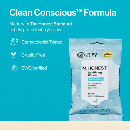 A package of Honest Sanitizing Wipes shown on a bright teal promotional background with marketing text reading 'Clean Conscious Formula' and feature callouts like Dermatologist Tested, Cruelty Free, and EWG Verified.