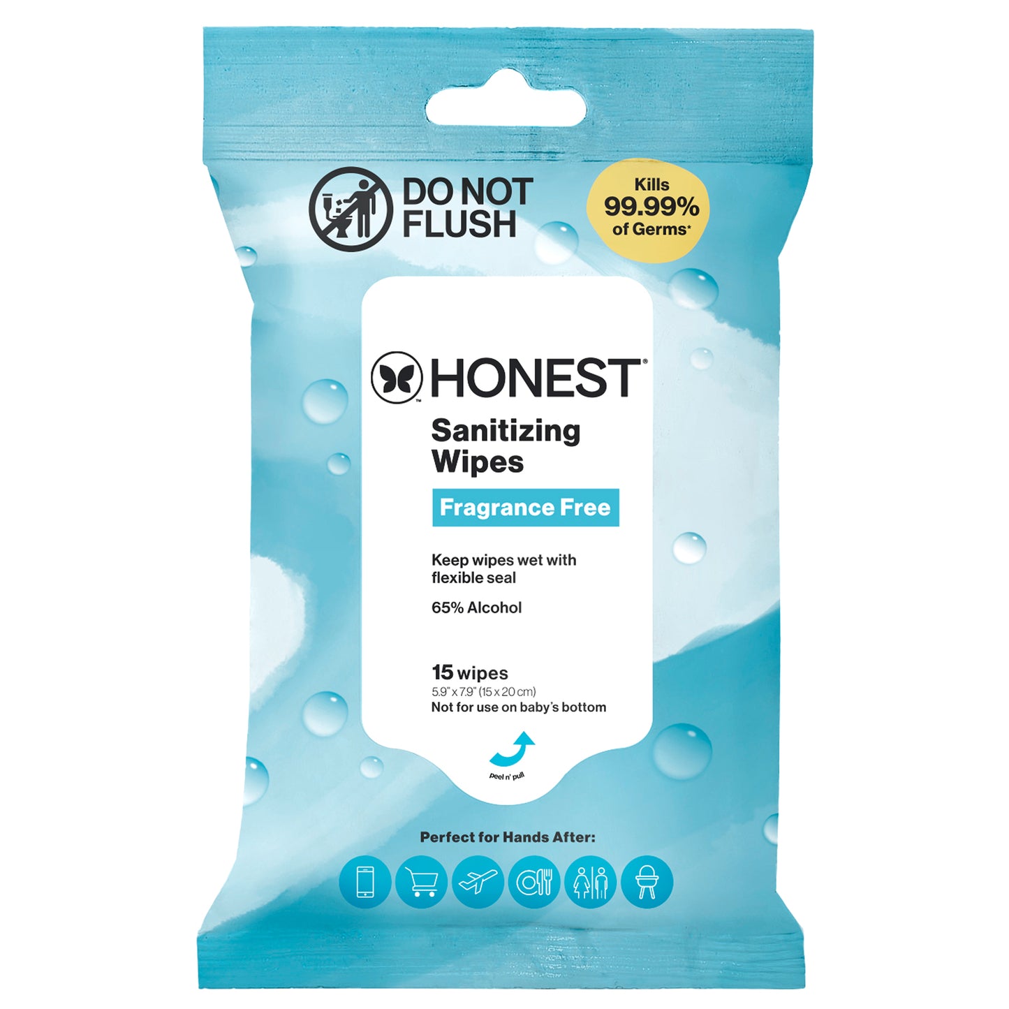 A package of Honest Sanitizing Wipes in a light blue resealable pouch with a white front label. The package shows the Honest brand logo, 'Fragrance Free' text, and a yellow circle that says it kills 99.
