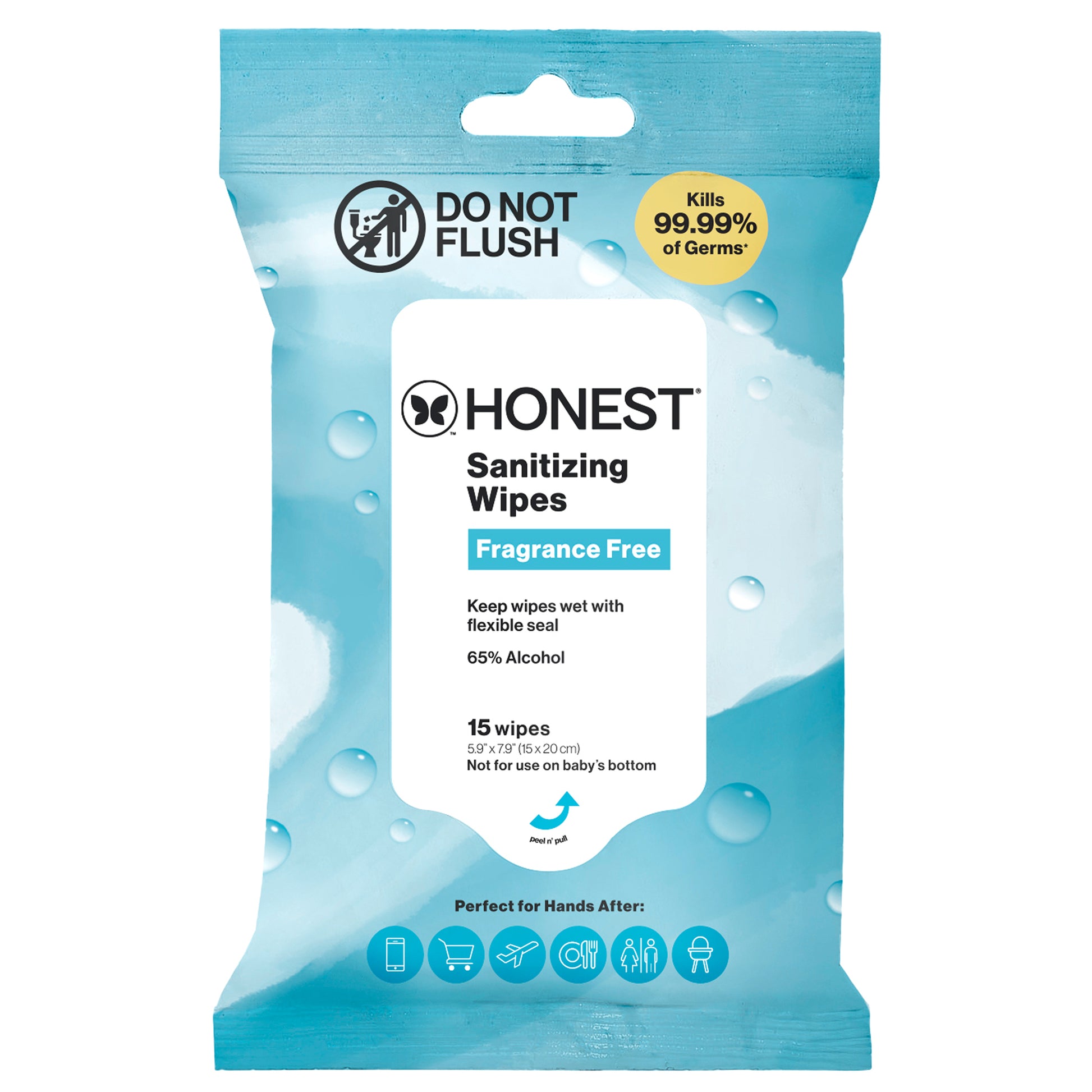 A package of Honest Sanitizing Wipes in a light blue resealable pouch with a white front label. The package shows the Honest brand logo, 'Fragrance Free' text, and a yellow circle that says it kills 99.