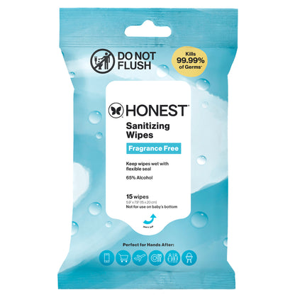 A package of Honest Sanitizing Wipes in a light blue resealable pouch with a white front label. The package shows the Honest brand logo, 'Fragrance Free' text, and a yellow circle that says it kills 99.