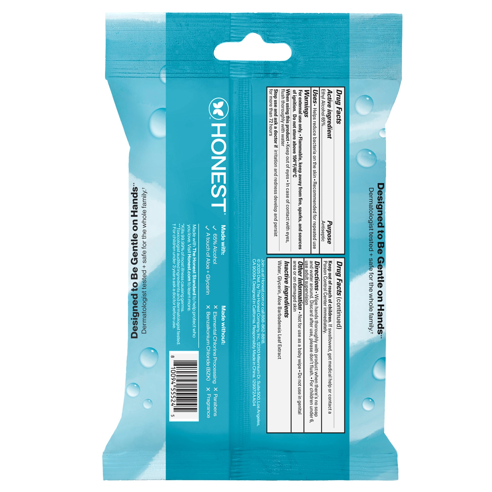 The back of a teal blue Honest brand wet wipe packet, showing the product ingredients, preparation instructions, and barcode on a plain white background.
