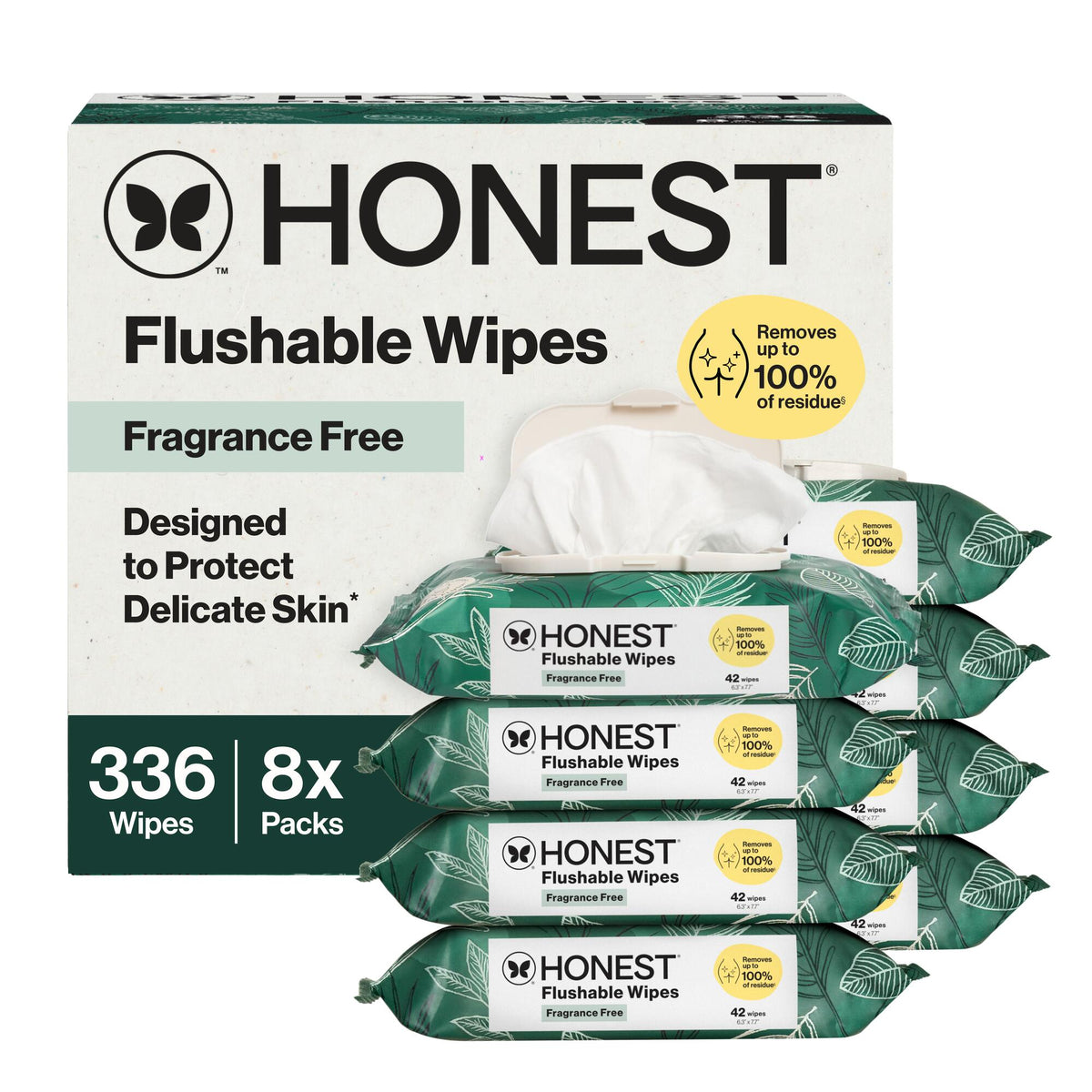 Honest Flushable Wipes packaging showing one box and four packs of wipes on a white background. The box is white with dark green accents and black text, and the packs are dark green with white labels and yellow callouts.