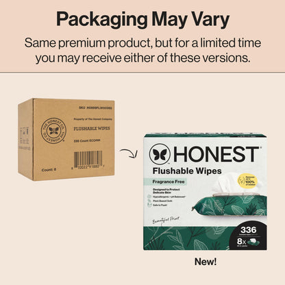 Promotional graphic on a beige background explaining that packaging may vary, showing a brown cardboard box labeled Honest Flushable Wipes next to the new retail box of Honest Flushable Wipes in Fragrance Free, 8-count size, with 'New!' text below.