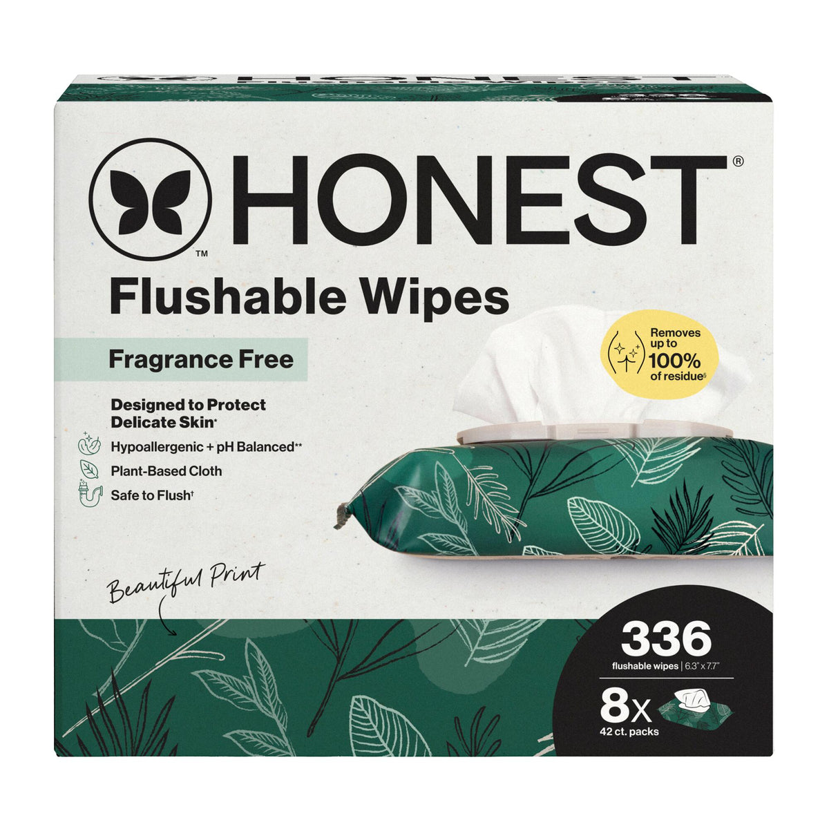 Honest Flushable Wipes box, fragrance-free, 8 count pack with 336 individually wrapped wipes, featuring a white and dark green design with botanical leaf patterns.