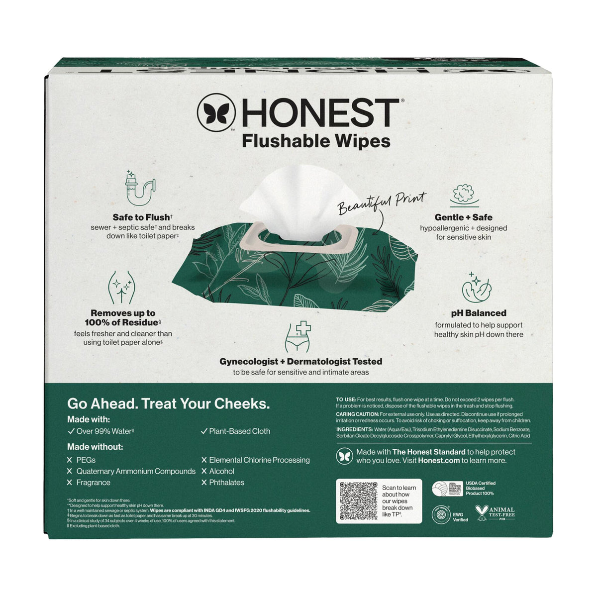 The retail packaging box for Honest Flushable Wipes, featuring a white and dark green design with product illustrations and text detailing its features.