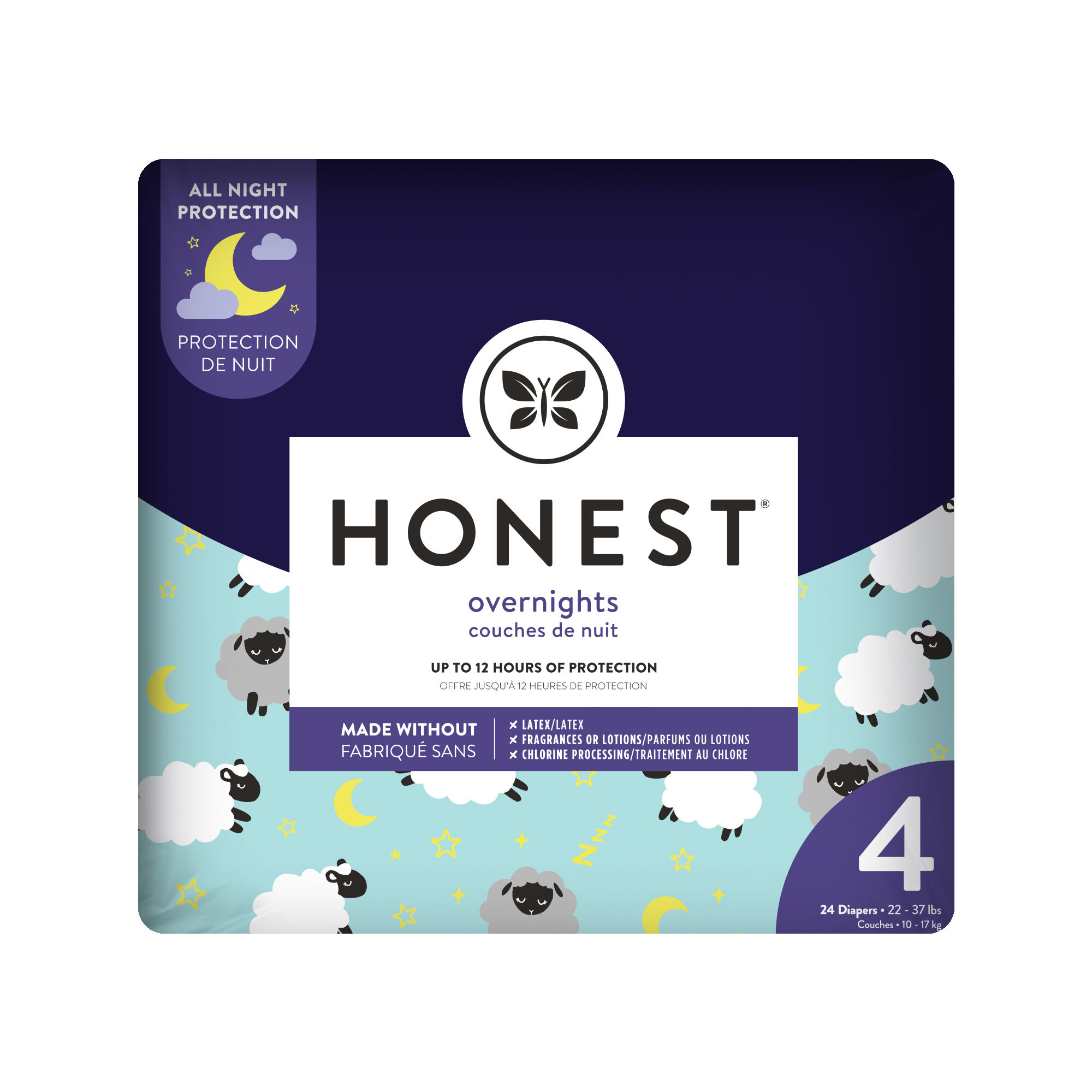 Honest Diapers, Sleepy Sheep, Overnights, Size 4 (22-37 lbs) - 24 diapers