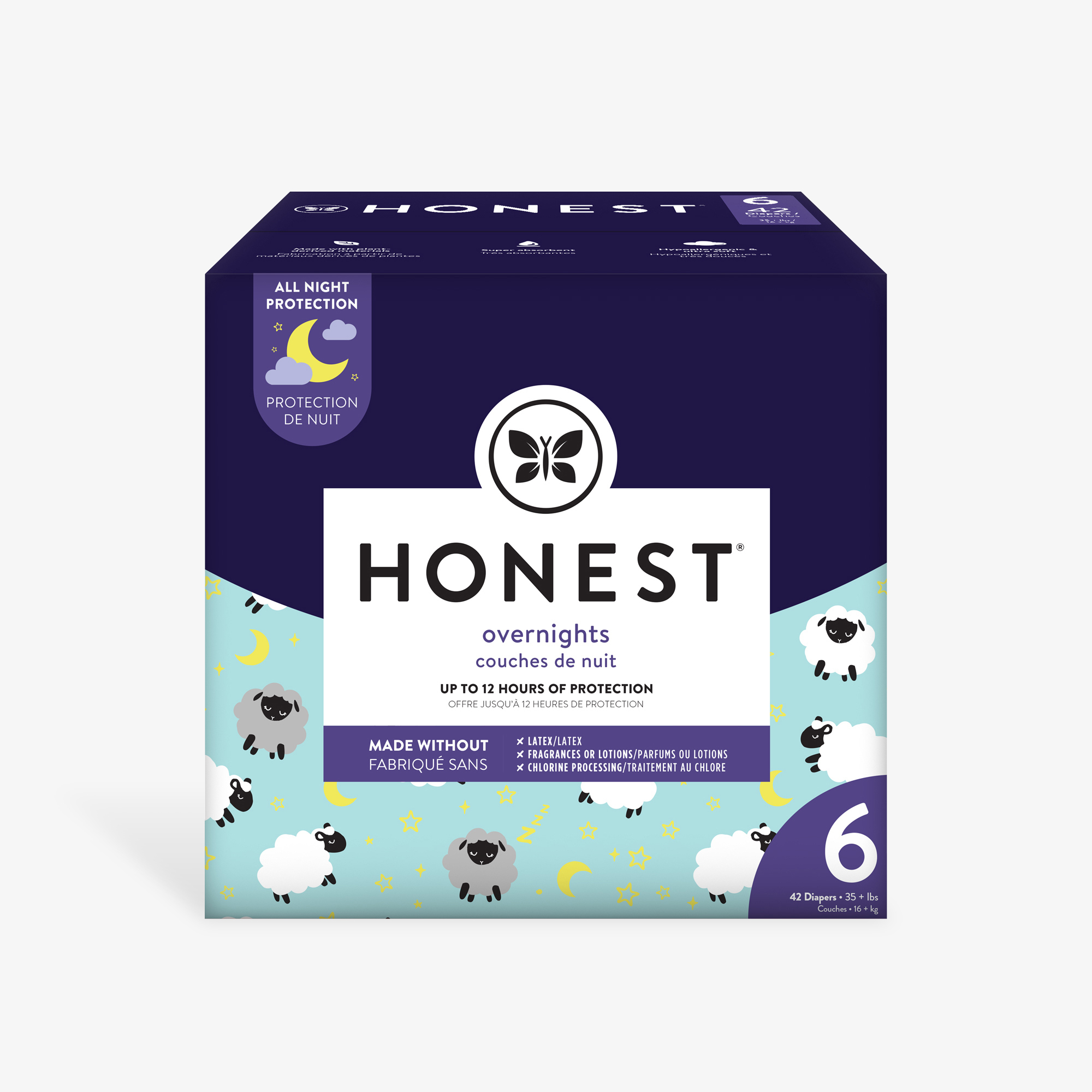 Honest Overnight Baby Diaper Box, Sleepy Sheep, Size 6, Super-Absorbent, Eco-Friendly*, Plant-Based