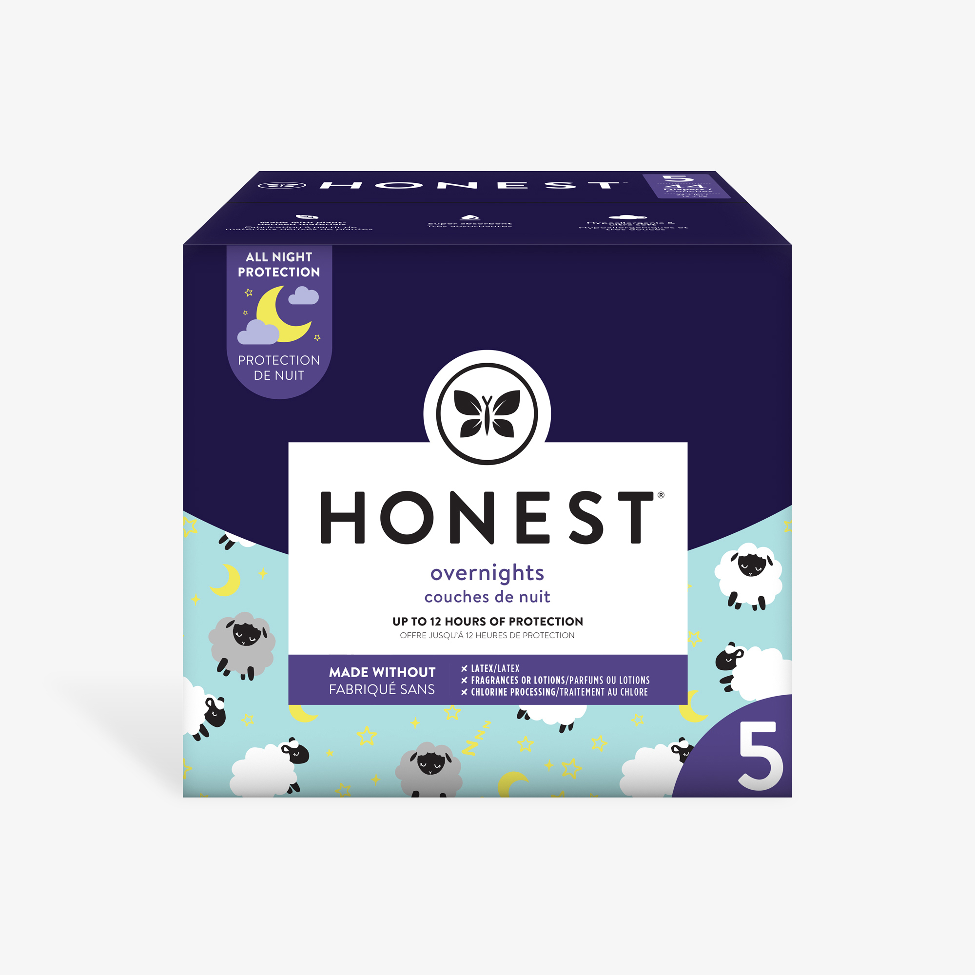 Honest Overnight Baby Diaper Box, Sleepy Sheep, Size 5, Super-Absorbent, Eco-Friendly*, Plant-Based